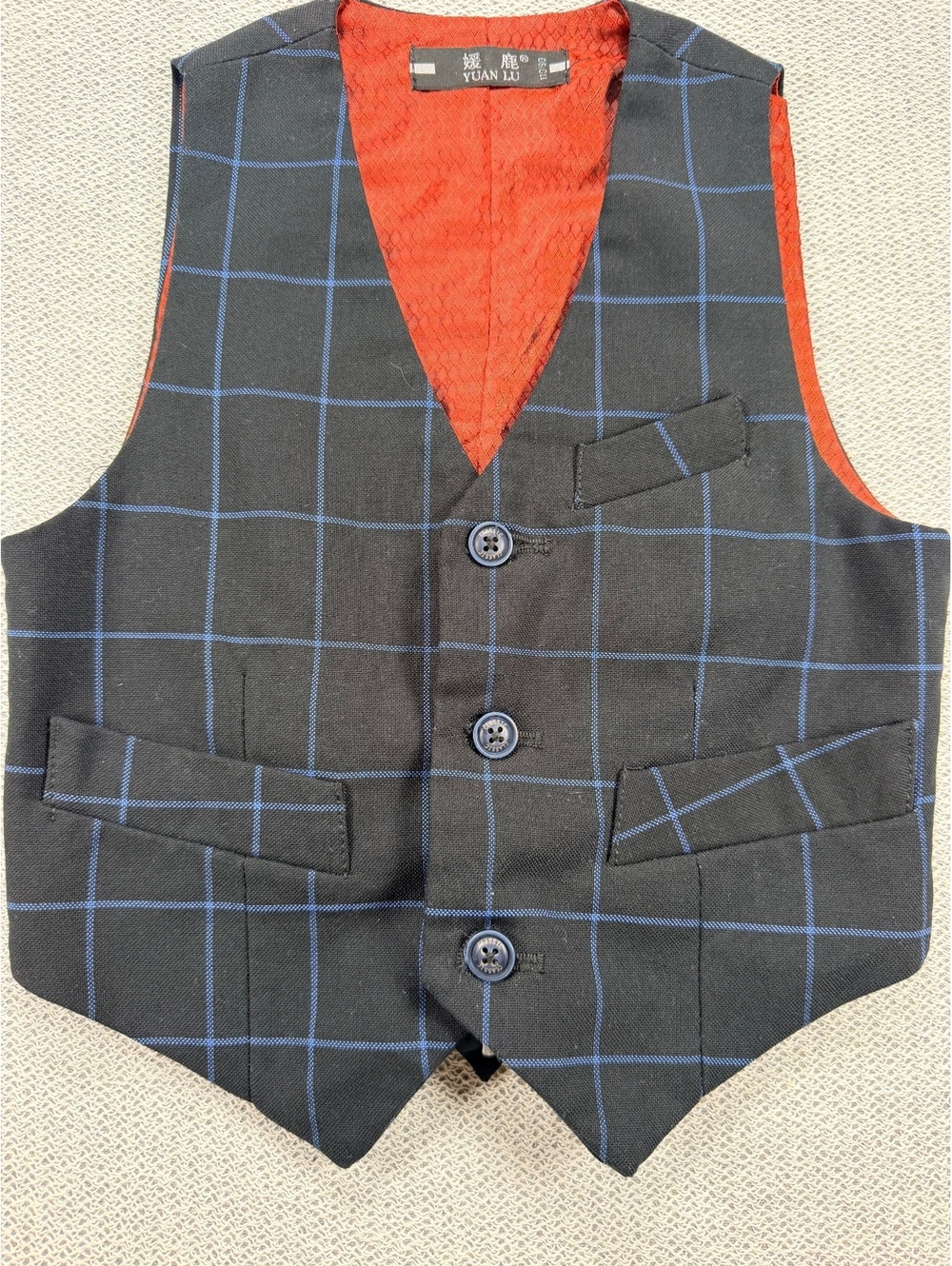 Boys Plaid Navy Suit Vest Yuan Lu Windowpane Formal Size 110